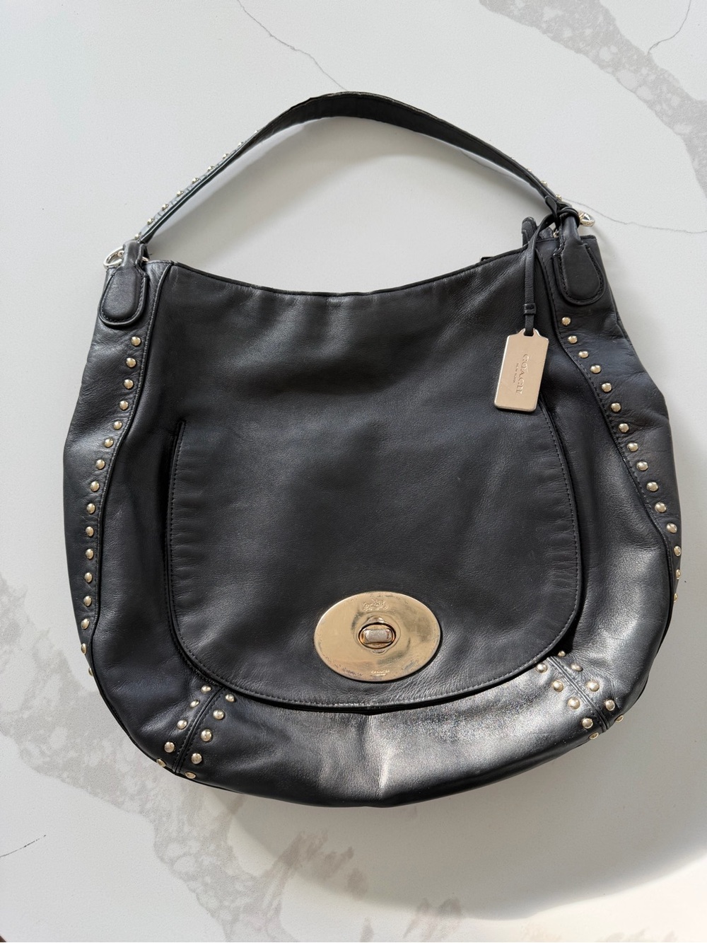 COACH Circle Hobo Silver Studded Black Calf Leather Top Handle Y2K Bag